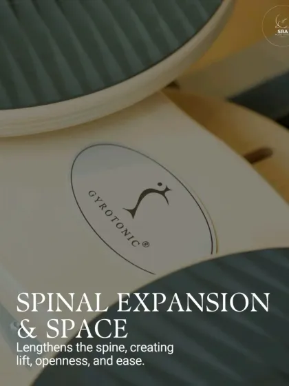 This view highlights the rotating discs of the Gyrotonic machine. These are used for exercises that promote spinal expansion and space, lengthening the spine to create a sense of lift, openness, and ease.