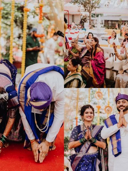 A collage from Sajiree and Neil's intimate Maharashtrian wedding, showing them seeking blessings and surrounded by the smiling faces of their family.
