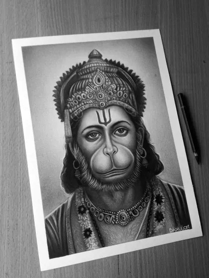 A powerful portrait of Lord Hanuman, with dramatic lighting to create a sense of presence and strength.
