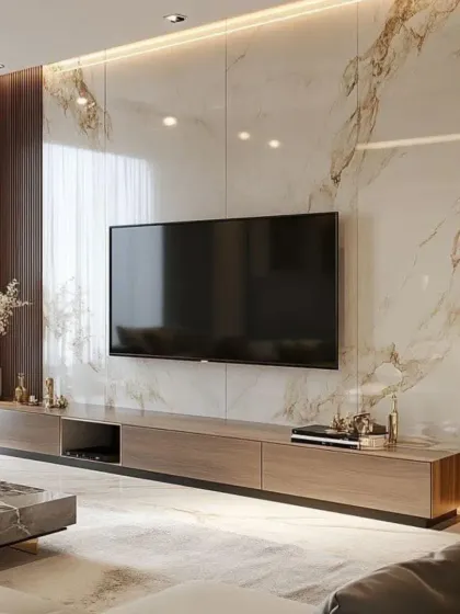 A perfect example of a luxurious yet functional living room. The floor-to-ceiling marble-finish TV wall creates a stunning focal point, complemented by warm wood paneling and integrated lighting. This design balances high-end aesthetics with practical storage solutions for a clean, modern family space.