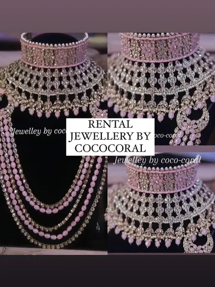 A collage showing a pink and silver-toned choker and layered necklace set. This is a modern rental option for a reception or sangeet.