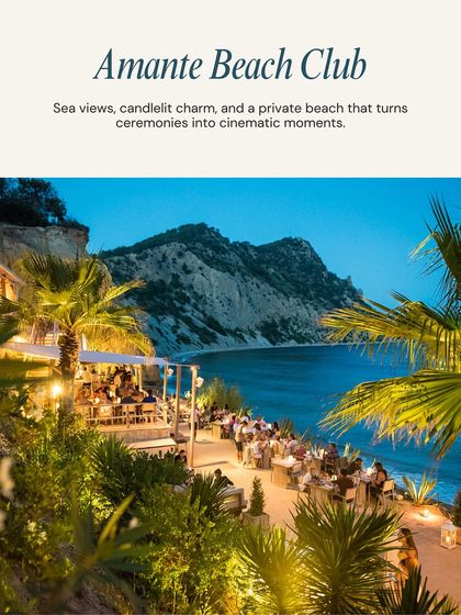 A top Ibiza venue: Amante Beach Club. It offers sea views, candlelit charm, and a private beach that turns ceremonies into cinematic moments.
