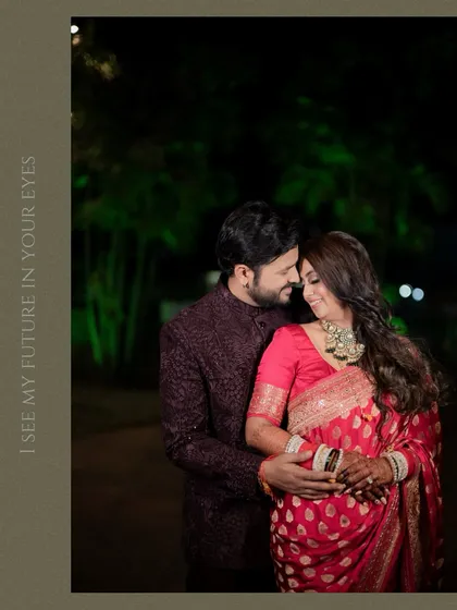 An intimate portrait of the couple at their reception, with the quote "I see my future in your eyes" adding a romantic touch.