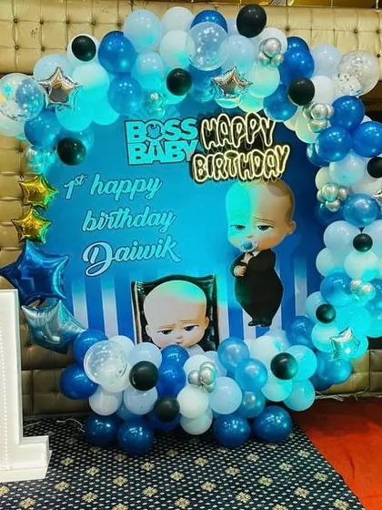 The Boss Baby theme is perfect for a first birthday. I use custom backdrops, character cutouts, and balloon pillars to create a fun setup for your little boss.