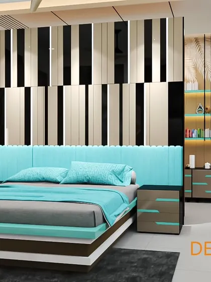 For this bedroom, we used a bold turquoise color to make a statement. The custom-designed bed features a layered platform base, and the accent wall with vertical panels adds texture and visual interest, resulting in a vibrant and contemporary space.