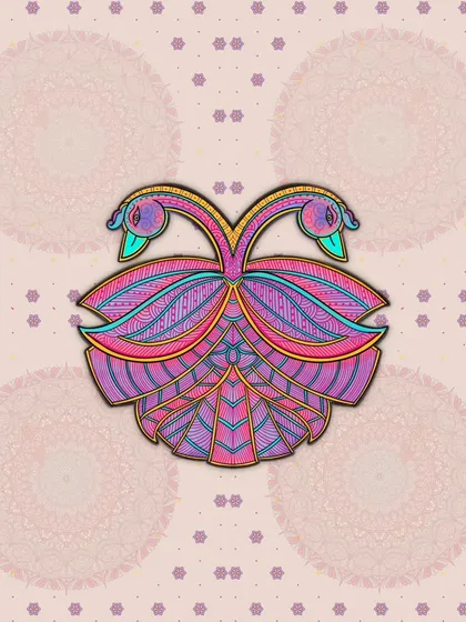 In this variation, the peacock motif is layered over faint mandala circles, adding depth and texture to the composition. It gives the artwork a dreamy, ethereal quality.
