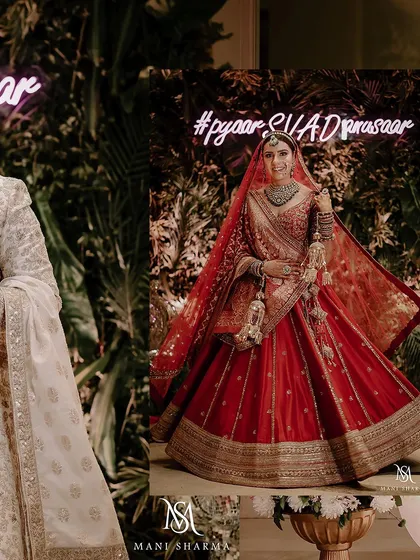 A stylish collage combining a portrait of the groom with a stunning shot of the bride against a custom neon sign. It shows the individual style of both partners.