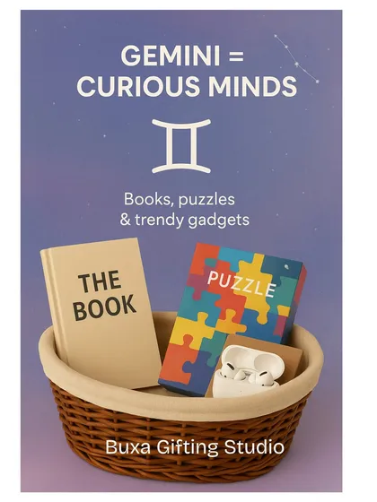 Gifting by the stars! An idea for a Gemini-themed hamper, filled with books, puzzles, and gadgets for curious minds.