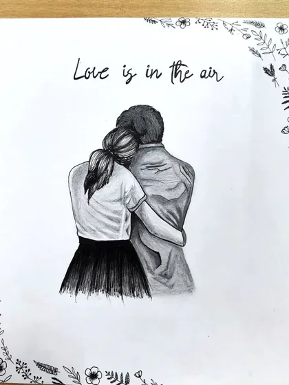 A full view of the "Love is in the air" couple sketch. This piece is drawn with graphite pencils to create soft shading and texture, capturing a tender moment.