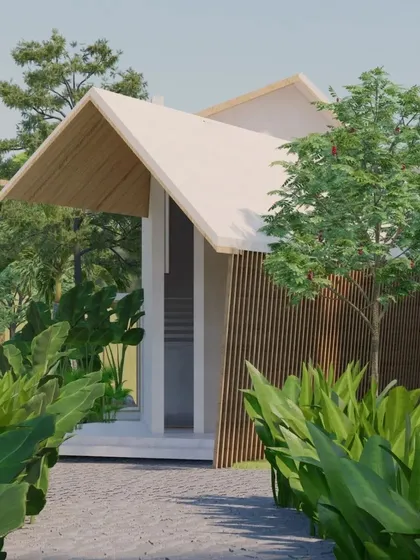 A duplicate render of the entrance to the Cumin Residence, nestled in lush landscaping.