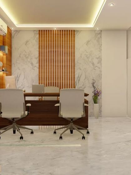 The manager's cabin in this office design features a clean, professional look with a marble and wood-slat accent wall, recessed lighting, and ample natural light.