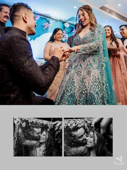 A collage capturing the key moment of the ring exchange, along with intimate black and white portraits of the happy couple.