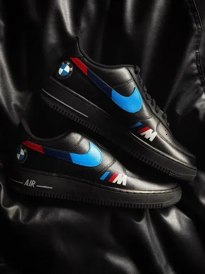 A pair shot of the BMW M-series custom Nike Air Force 1s.