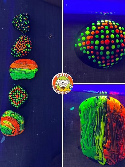 Pebble painting with a twist. These beautiful mandala-style designs are made with fluorescent paint, turning ordinary rocks into glowing works of art in the dark.