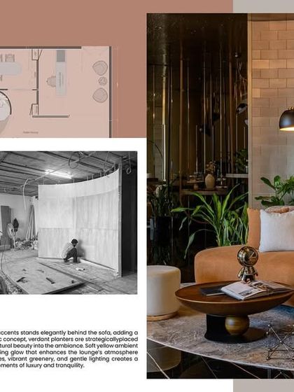 This image documents the transformation from a bare shell to a luxe lounge. You can see the initial floor plan and the construction of the curved wall that defines the main seating area.