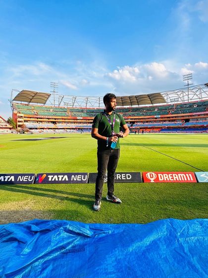 Standing by the covers on the field in Hyderabad. The calm before the storm of an IPL match.