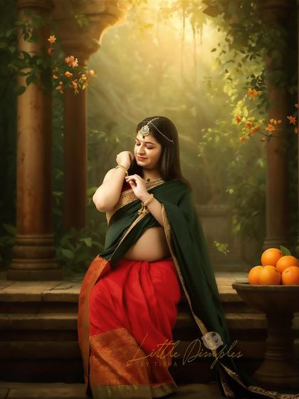 Some moments are beyond words. This creative portrait combines a traditional saree with a magical, sunlit garden backdrop for a truly enchanting image.