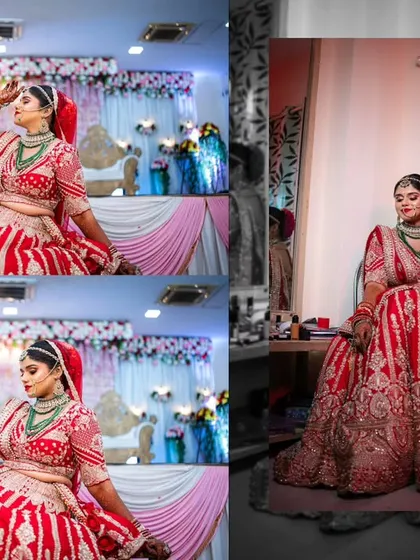 A collage of the bride in her stunning red and gold lehenga, showcasing her regal look from different angles.