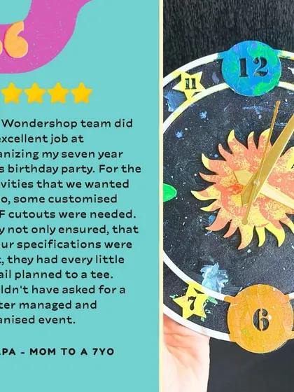 This custom DIY clock was part of a space-themed party. We love taking on unique requests and creating custom craft activities that perfectly match your theme.