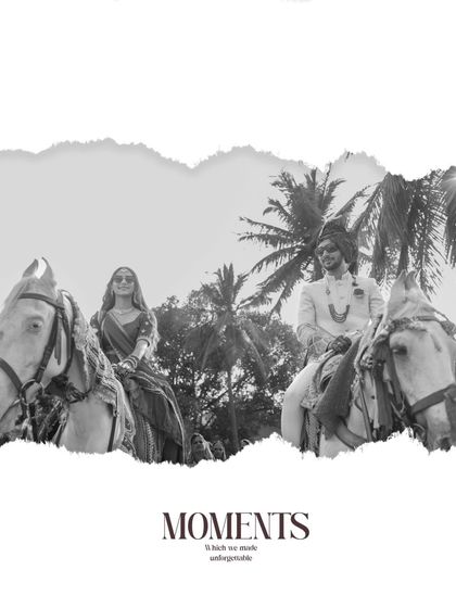A beautiful black and white artistic edit of a couple on horseback, creating a timeless and romantic "unforgettable moments" poster.
