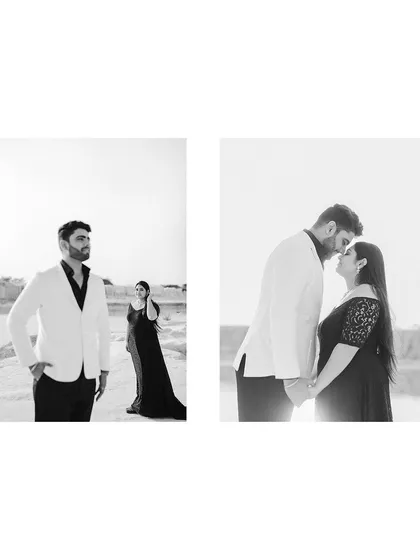 A black and white diptych that plays with focus and intimacy, capturing both a formal pose and a romantic close-up.