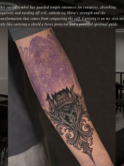 "This sacred symbol has guarded temple entrances for centuries... Carrying it on my skin now feels like carrying a shield." The stencil is on, ready to bring a powerful symbol to life.