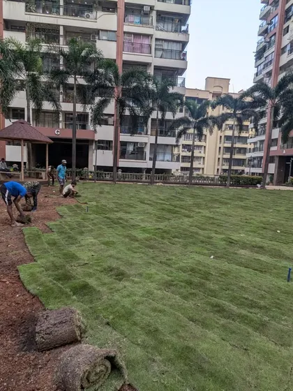 The process of laying the fresh grass carpet begins. We work methodically to ensure each piece fits together seamlessly for a uniform, green surface.