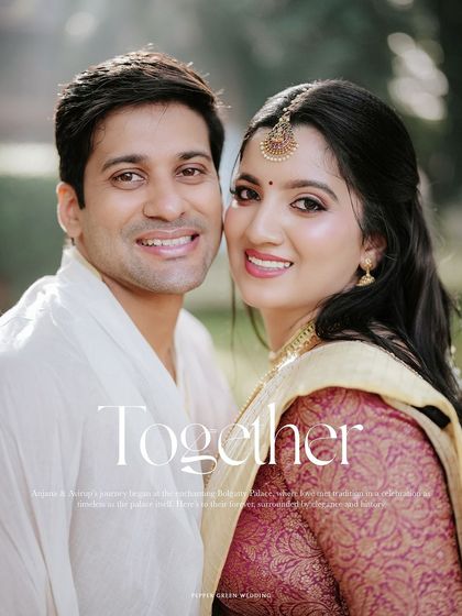 A beautifully designed portrait of the couple, their smiles radiant, with the word "Together" elegantly scripted.
