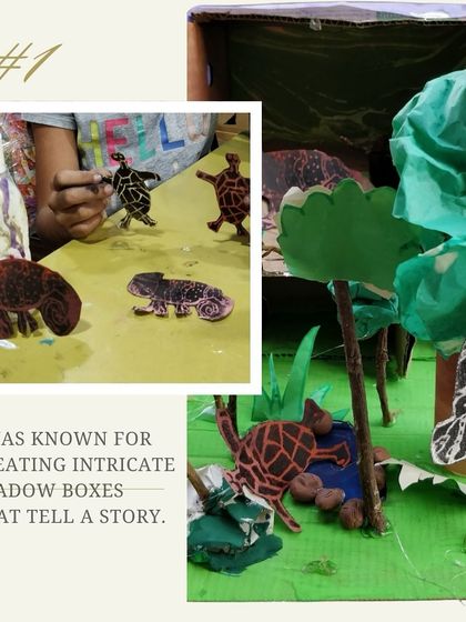 A student's shadow box inspired by the artist Joseph Cornell, known for his intricate, story-filled boxes. This project teaches assemblage and visual storytelling.