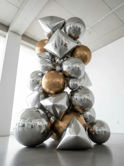 For a modern and chic corporate party, I created this sculpture using metallic gold and silver balloons in geometric shapes. This type of decor is perfect for product launches or sophisticated office celebrations where you want a high-end, artistic feel.