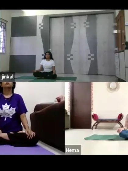 A moment of quiet meditation during our evening online yoga session. We guide participants to find stillness and connect with their inner selves, even through a screen.