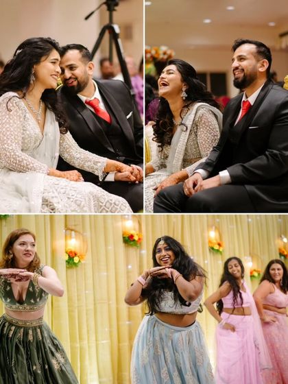 A collage capturing the joy of the reception, with the couple laughing at performances and their friends dancing energetically on stage.