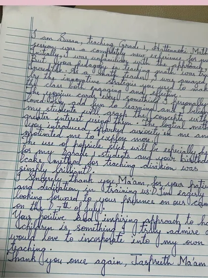 A handwritten thank you note from a teacher who attended one of my math sessions. This kind of personal feedback is incredibly meaningful and affirms the impact of making learning interactive and joyful. It highlights how new methods can spark excitement for both teachers and students.