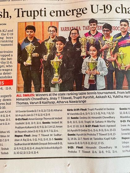 "Aakash, Trupti emerge U-19 champs." A Times of India report on the state ranking tournament where our player Aakash won the U-19 singles title.