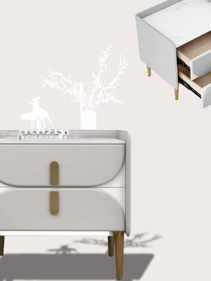 A visual exploration of a custom nightstand, showing its elegant form, drawer details, and the beautiful contrast between the upholstered front and slender metal legs.