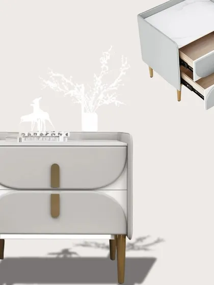 A visual exploration of a custom nightstand, showing its elegant form, drawer details, and the beautiful contrast between the upholstered front and slender metal legs.