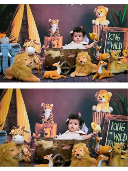Two shots from a "King of Wild Things" jungle photoshoot. The baby sits in a wooden cart surrounded by a whole crew of stuffed lions, giraffes, and tigers in this elaborate setup.