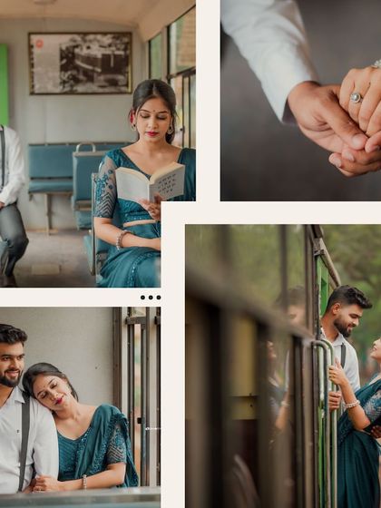 A collage capturing a retro love story on a train. Scenes include the bride reading, the couple sharing glances, and holding hands, all creating a nostalgic, cinematic feel.