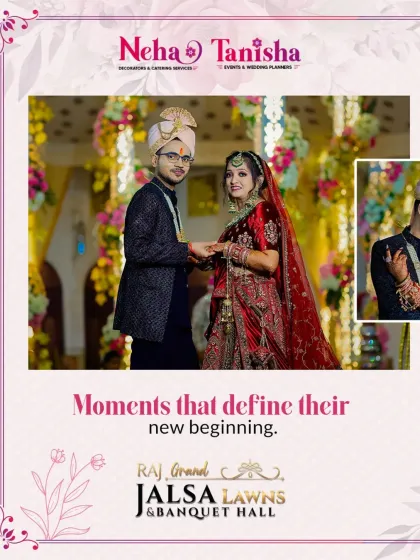 A beautiful moment defining a new beginning. We ensure our decor complements the couple perfectly, as seen here with the soft, festive background enhancing their wedding day glow at Jalsa Lawns.