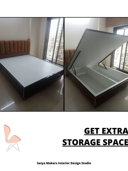 This image demonstrates a practical storage solution with a hydraulic lift-up bed, providing ample hidden space for essentials.