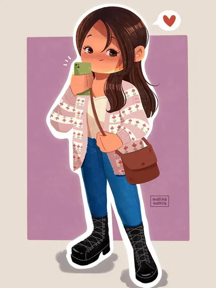 A full-body character illustration of my personal avatar wearing my favorite 'picnic sweater'. This shows how I can turn real-life outfits and people into cute, stylized characters.