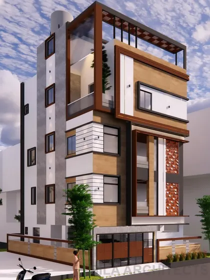 Another perspective of the duplex house elevation, highlighting the rooftop structure and the interplay of solid and void spaces.