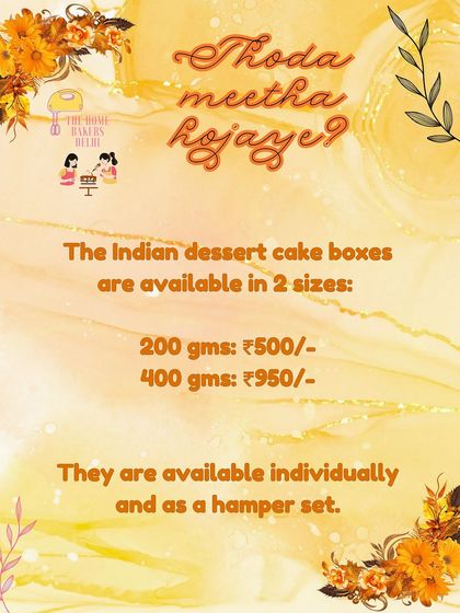 Pricing and size information for our Indian dessert cake boxes. They are available in 200g and 400g sizes and can be ordered individually or as part of a larger hamper.