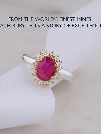 From the world's finest mines, each ruby tells a story of excellence. This ring features a beautiful ruby in a diamond halo with a two-tone gold setting, a testament to my promise to use only the finest, carefully selected gemstones.