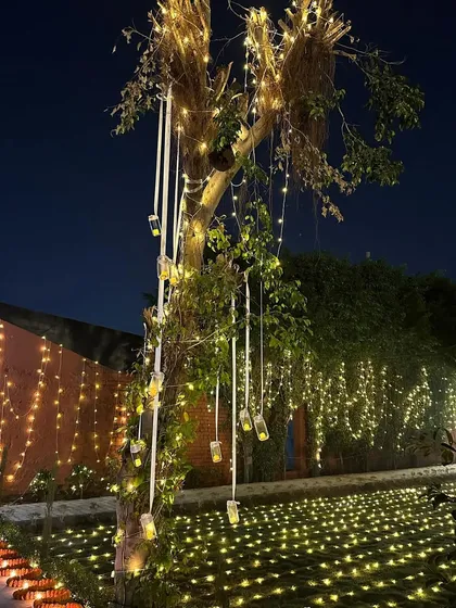 We wrapped this tree in fairy lights and hung small, candle-lit jars from its branches, creating a stunning focal point in the garden for an evening party.