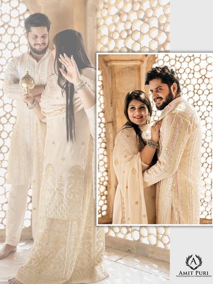 A collage showcasing a playful and royal theme. The bride looks into a vintage hand mirror while her partner looks on, set against a beautifully detailed jaali wall in Jaipur.