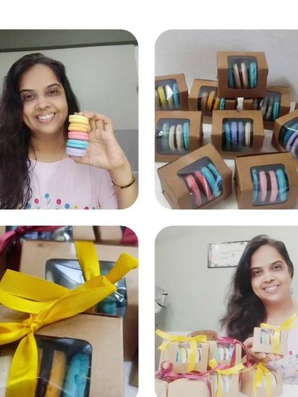 A collage showing my love for making macarons. From holding a colorful stack to packing up dozens of gift boxes, I put my heart into every single one of these delicate French treats.