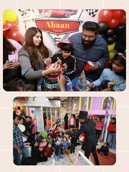 A collage from Ahaan's party, showing the family cutting the cake and the kids enjoying the magician's performance.