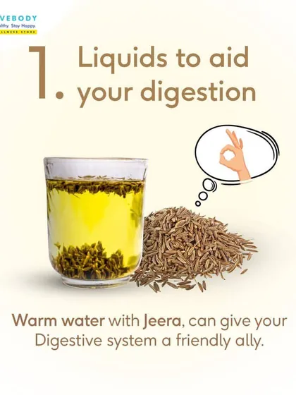Liquids can be a friendly ally for your digestion. This image explains that warm water with Jeera (cumin) is a simple way to support your digestive system during the rich meals of Diwali.