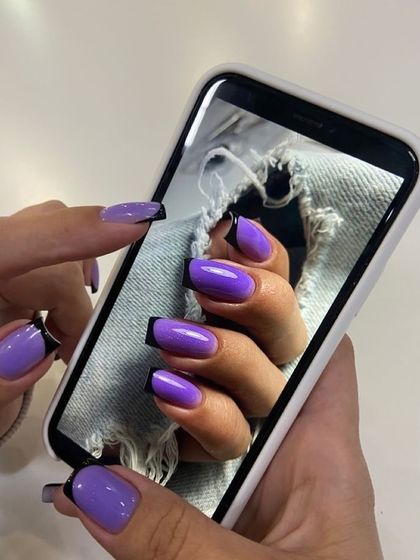 This image shows how a Pinterest-inspired design with a purple gradient and black French tip can be perfectly recreated.